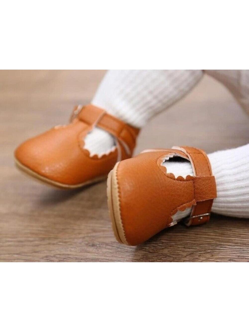 Baby Girl Pre-Walking Shoes 0-6 Month Mary Jane Brown Tan Soft Anti-Slip With Wh - Picture 6 of 6
